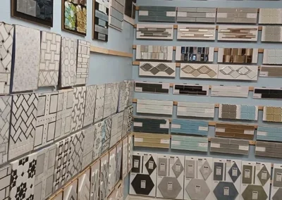 Interior of a tile showroom with various tile samples on display